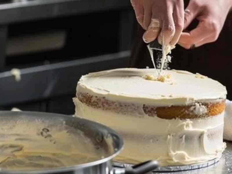 Place a serving plate on top of the pan, flip it over, and remove the cake