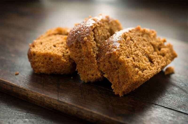 Three pieces of sliced gingerbread on table