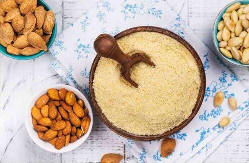 Almond Flour in a Wooden Bowl