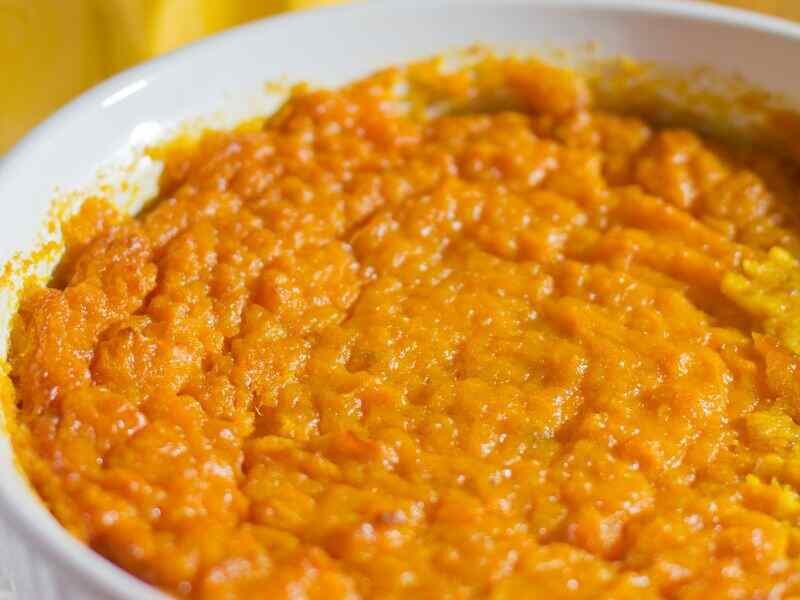 Place the sweet potato mixture and pour it into a greased baking dish