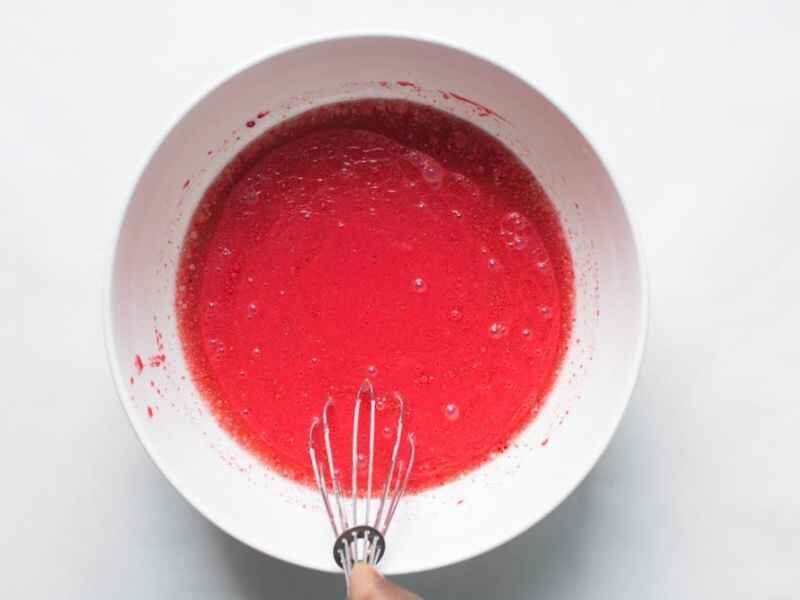 whisk together buttermilk, sour cream, vinegar, vanilla extract, and red food coloring mixture
